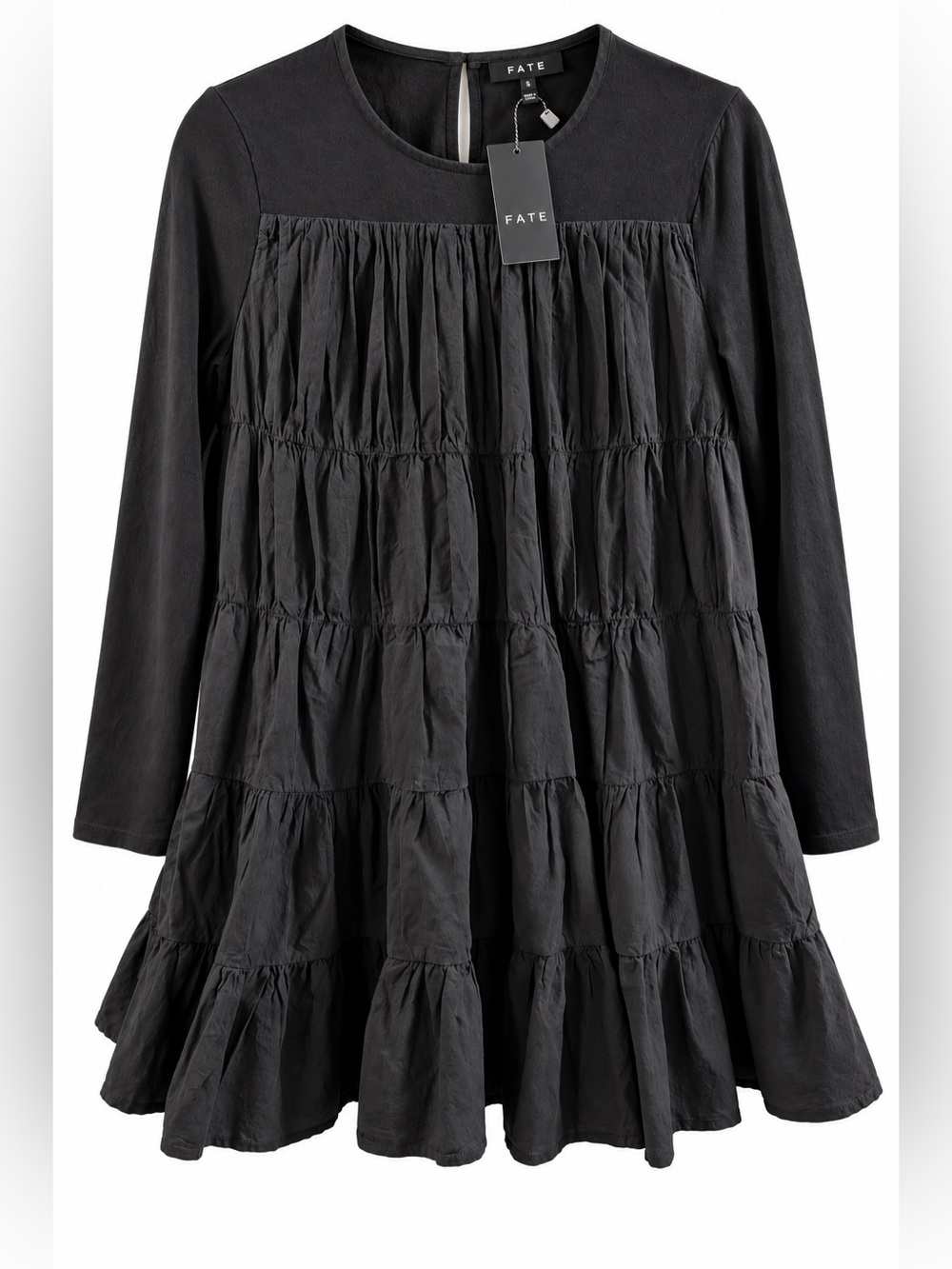 FATE NWT Black Tiered Cotton Babydoll Mini Dress Long Sleeve Size Small